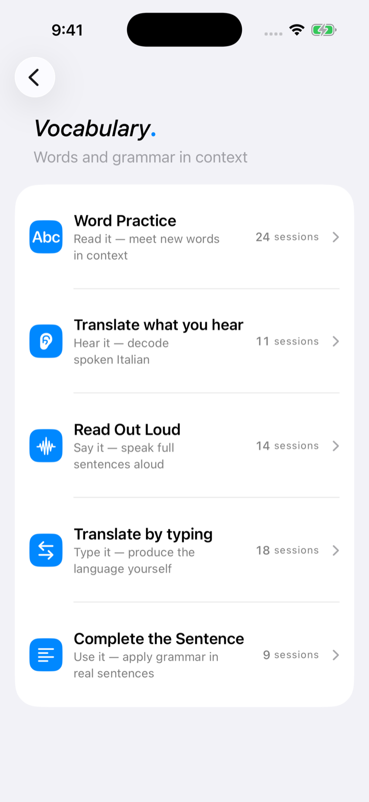 A Level vocabulary screen listing five ways to practice the same words: Word Practice, Translate what you hear, Read Out Loud, Translate by typing, and Complete the Sentence