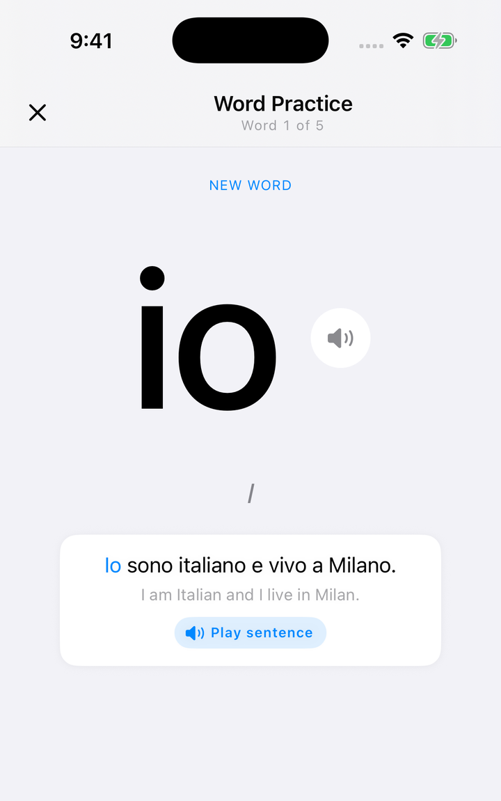 A Level word card showing the Italian word io with audio playback and an example sentence